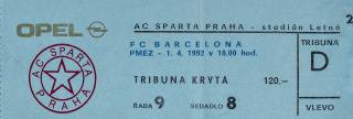 Vstupenka  AC Sparta v. FC Barcelona FC, PMEZ, 1992