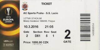 Vstupenka  AC Sparta v. S.S. Lazio, UEFA, 2016