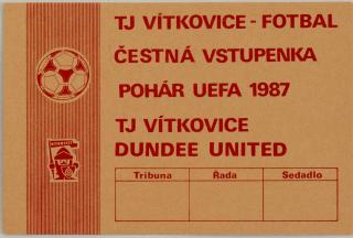 Vstupenka čestná,  UEFA EL, TJ Vítkovice v. Dundee United, 1987