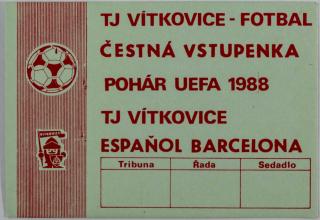 Vstupenka čestná,  UEFA, TJ Vítkovice v. Espaňol Barcelona, 1988