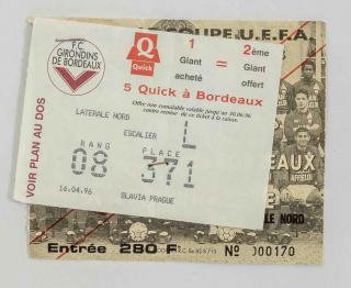 Vstupenka F.C.Girondis  Bordeaux  - SK Slavia Prague, 1/2 UEFA III1996