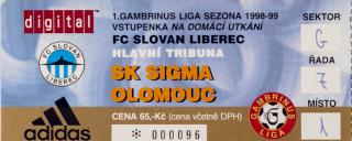 Vstupenka FC Slovan Liberec v. SK Sigma Olomouc, 1998-99