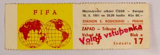 Vstupenka, Fifa, ČSSR v. Evropa, 1981