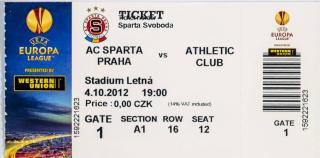 Vstupenka fotbal, AC Sparta Praha v Athletic Club, 2012