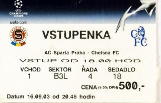 Vstupenka fotbal AC Sparta Praha v. Chelsea FC. UEFA CHL, 2003