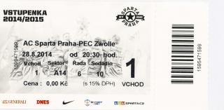 Vstupenka fotbal, AC Sparta Praha v. PEC Zwolle, 2014