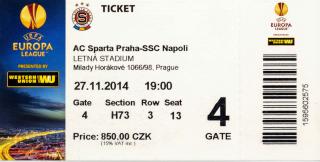 Vstupenka fotbal, Ac Sparta Praha v. SSC Napoli, 2014
