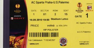 Vstupenka fotbal AC Sparta Praha v. US Palermo, UEFA 2010 VIP