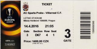 Vstupenka  fotbal, AC Sparta Praha v. Villareal CF, 2016