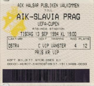 Vstupenka fotbal AIK vs. Slavia PRAG, 1994