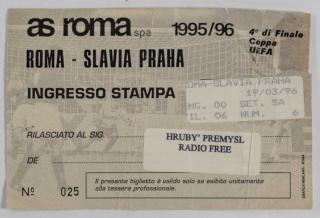 Vstupenka fotbal AS Roma vs. SK Slavia PRAHA,  Ingresso stampa,1996