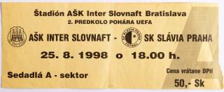 Vstupenka fotbal,  AŠK Slovnaft Bratislava v. SK Slavia Praha, UEFA 98