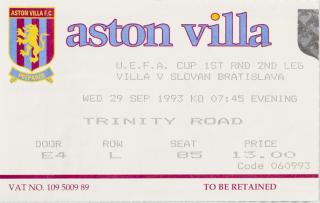 Vstupenka fotbal Aston Villa v. Slovan Bratislava , 1993
