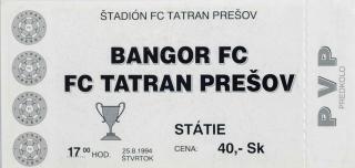 Vstupenka fotbal, Bangor FC v. FC Tatran Prešov, 1994