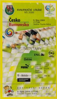 Vstupenka fotbal  Česká rep. v. Rumunsko, Q MS, 2006