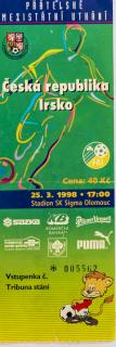 Vstupenka fotbal, česká republika v. Irsko, 1998