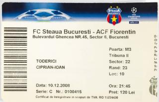 Vstupenka fotbal, CHL, FC Steaua Bucuresti v. ACF Fiorentin, 2008