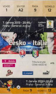 Vstupenka fotbal ,ČR v. Itálie (QMS 2014), 2013