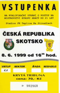 Vstupenka fotbal, ČR v. Skotsko, QU21, 1999