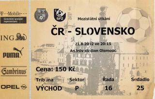 Vstupenka fotbal , ČR v. Slovensko, 2012