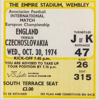 Vstupenka fotbal England vs. Czechoslovakia, Wembley,1974