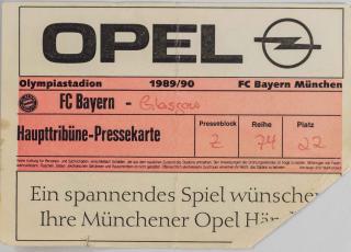 Vstupenka fotbal. FC Bayern v. Glasgow, 1989