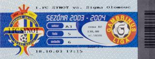 Vstupenka fotbal, FC Synot v.  SK Sigma Olomouc, 2004