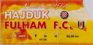 Vstupenka fotbal, Hajduk v. Fulham FC, 2002