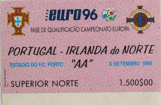 Vstupenka fotbal , Portugal - Irlandia du Norte, Q Euro 96, 1995