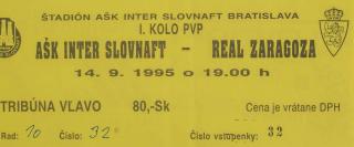 Vstupenka fotbal, PVP, AŠK Inter Slovnaft v. Real Zaragoza, 1995