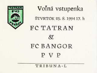Vstupenka fotbal PVP, FC Tatran v. FC Bangor, 1994