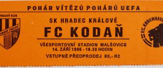 Vstupenka fotbal , PVP, SK Hradec Králové v. FC Kodaň, 1995