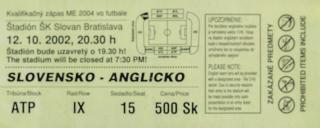 Vstupenka fotbal, Q 2004, Slovensko v. Anglicko, 2002