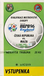 Vstupenka fotbal, Q1996, ČR v. Malta, 1994