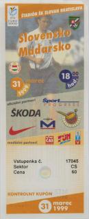 Vstupenka fotbal Q2000, Slovensko v. Maďarsko, 1999