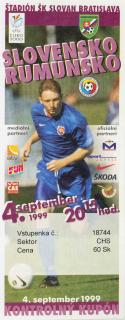 Vstupenka fotbal Q2000, Slovensko v. Rumunsko, 1999