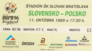 Vstupenka fotbal Q96, Slovensko v. Polsko, 1995