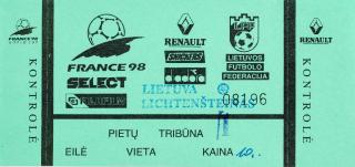 Vstupenka fotbal. Q98, Lietuva v. Lichtenšteinas, 1997