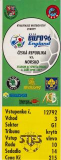 Vstupenka fotbal  QE96, ČR  v. Norsko, 1995 - zelená