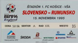 Vstupenka fotbal QE96, Slovensko v. Rumunsko, 1995