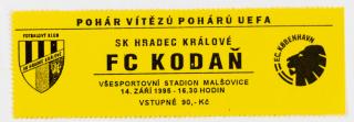 Vstupenka fotbal, Sk Hradec Králové v. FC Kodaň, 1995