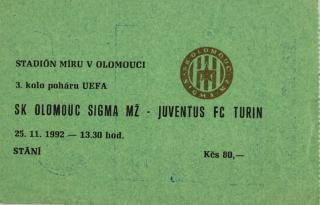 Vstupenka fotbal, Sk Olomouc Sigma MŽ v. Juventus FC Turin, 1992