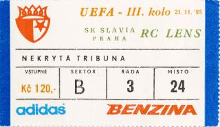 Vstupenka fotbal SK Slavia Prague vs. RC Lens, 1995, modrá