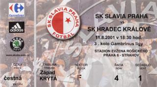 Vstupenka fotbal SK Slavia Praha v. SK Hradec. Králové, 2001