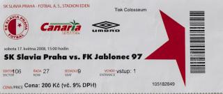 Vstupenka fotbal SK Slavia Praha vs. FK Jablonec, 2008