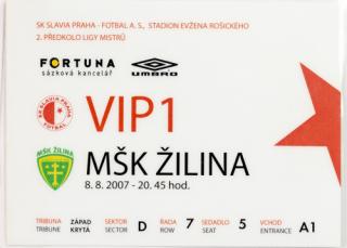 Vstupenka fotbal  SK Slavia Praha vs. MŠK Žilina, VIP,  2007
