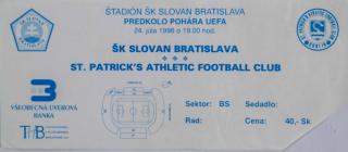 Vstupenka fotbal, ŠK Slovan Bratislaa v St. Patricks AFC, 1996