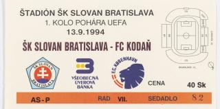 Vstupenka fotbal, ŠK Slovan Bratislava v. FC Kodaň, UEFA 1994