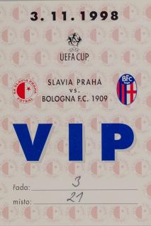 Vstupenka fotbal, Slavia Praha v. Bologna FC 1909, VIP 1998