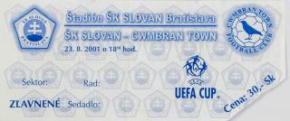 Vstupenka fotbal, Slovan Bratislava v. Cwmbran Town, EUFA, 2001